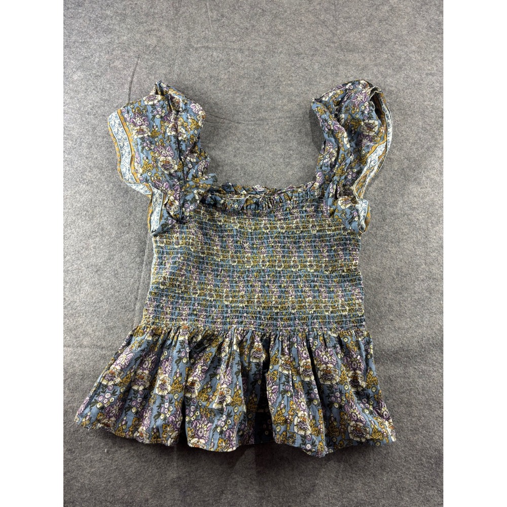 Jennifer & Grace Floral Smocked Peplum Top Blue Cotton Ruffle Sleeve Size M